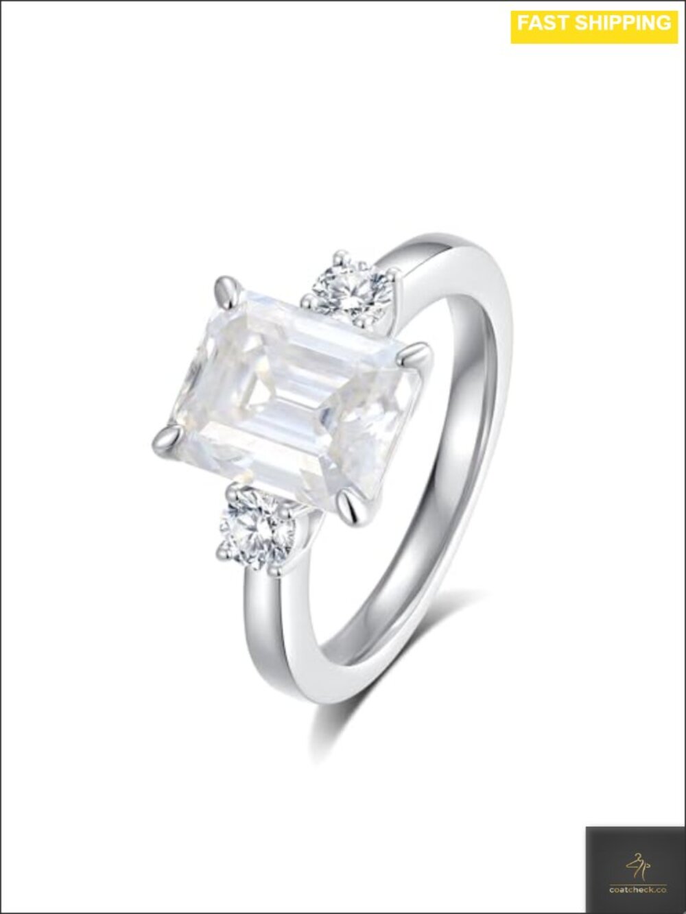 Moissanite Engagement Ring 3 Stone Emerald Cut VVS1 S925 Sterling Silver 18K